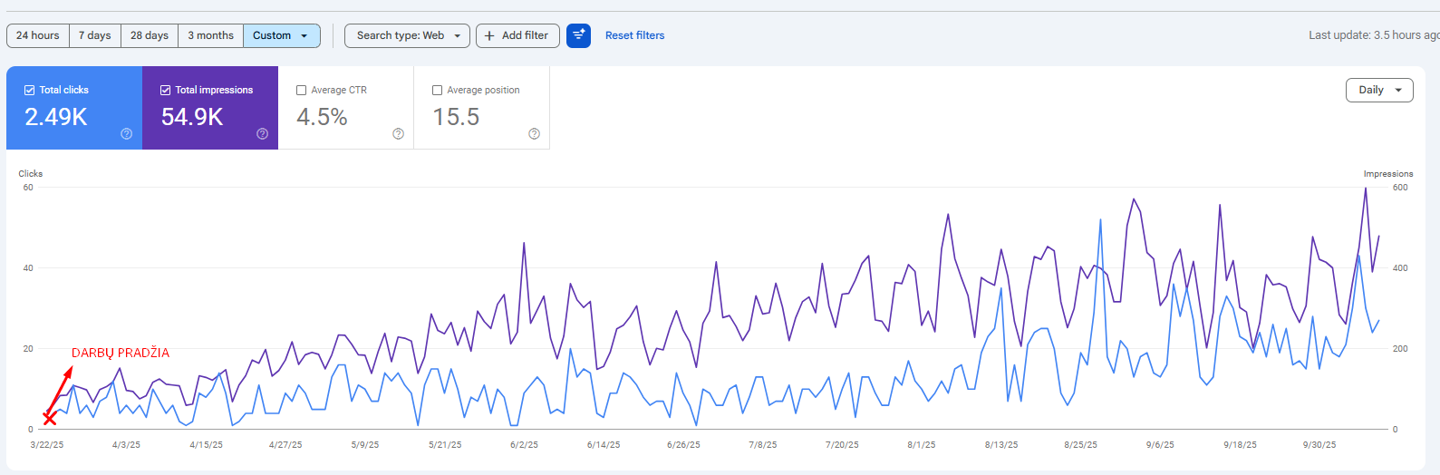 Vindors Google Search Console rezultatai